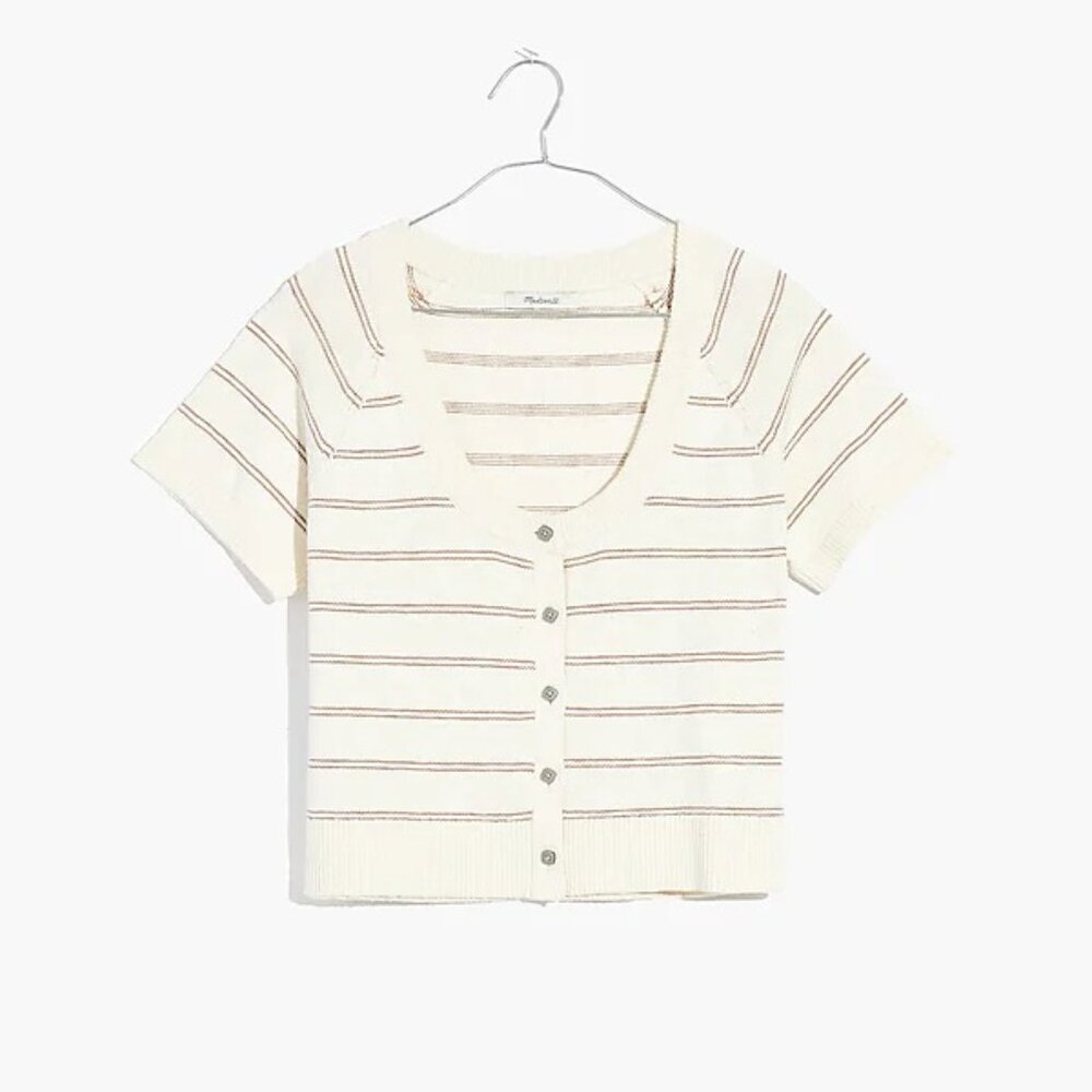 Madewell White Scoop Sweater Tee with Brown Stripes, Size Small
